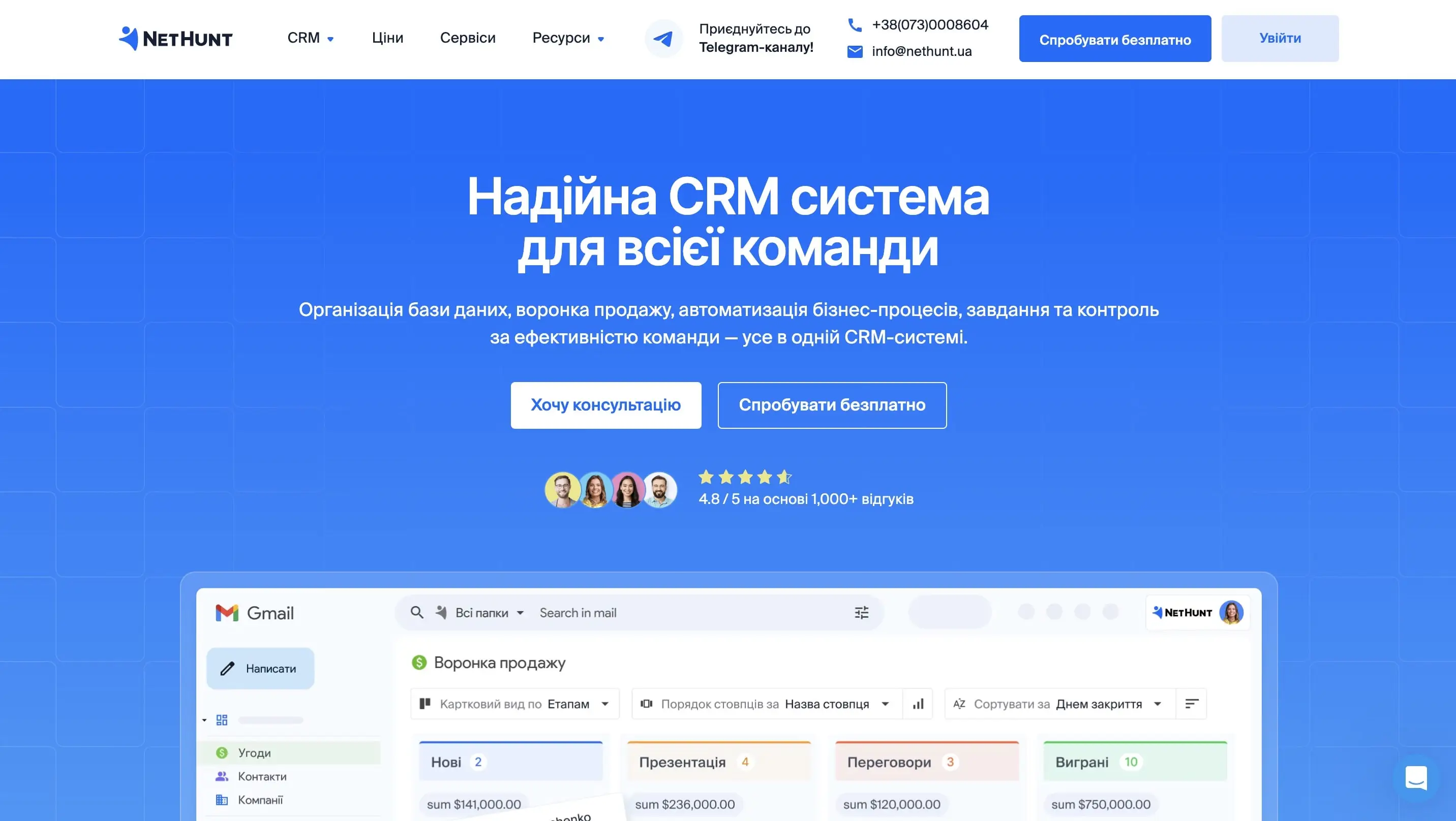 Головна сторінка NetHunt
