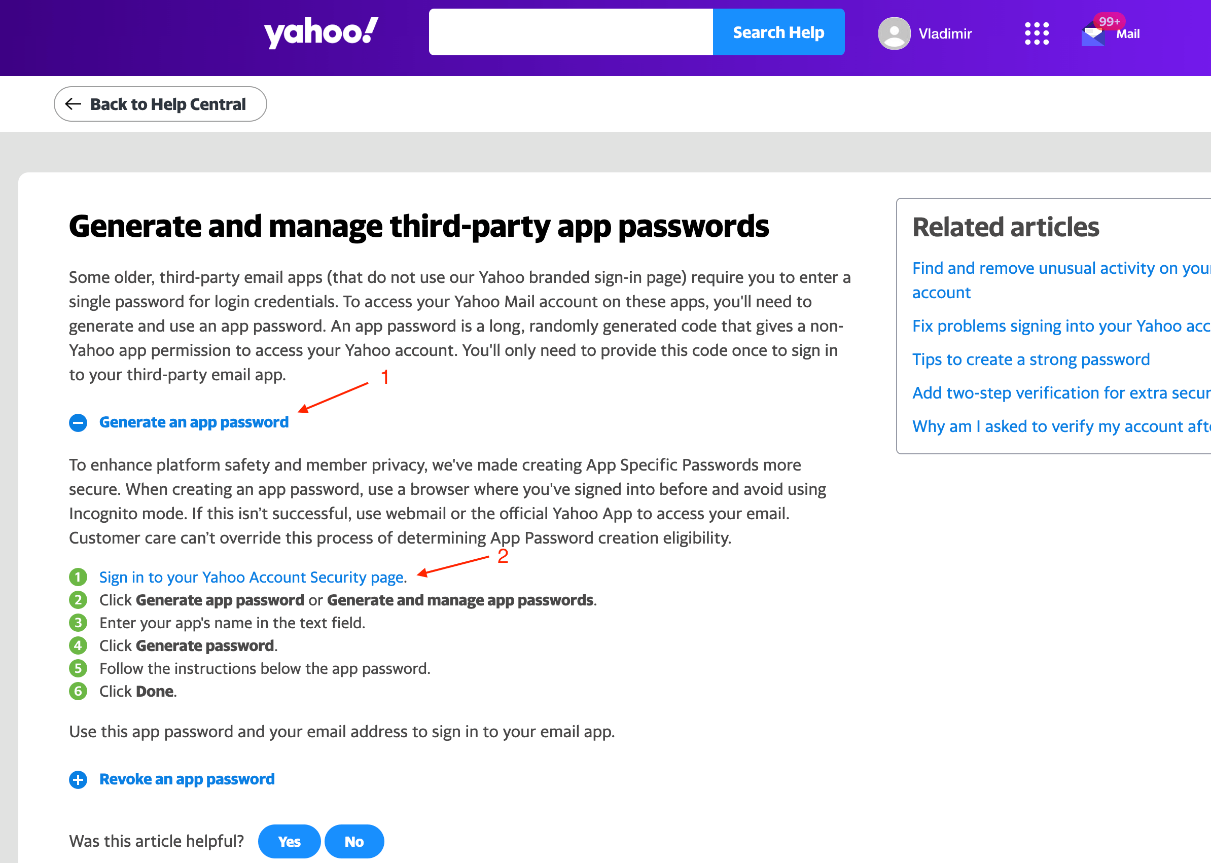 Створення паролю до Yahoo